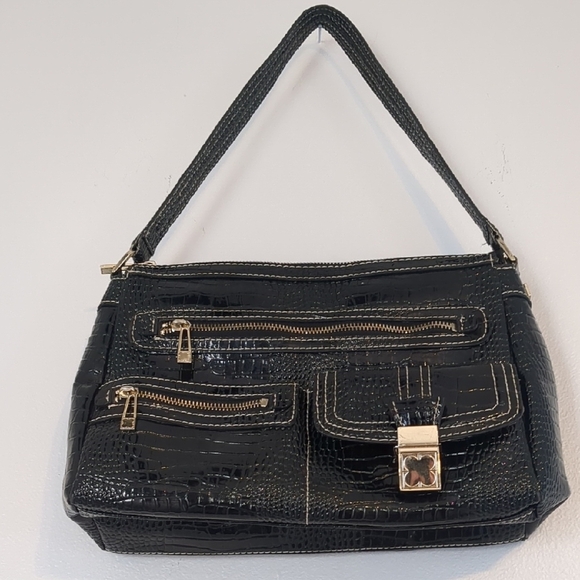 Liz Claiborne Crocodile-Embossed Handbag Formal Casual Matrix Goth Black Gold - Picture 1 of 5